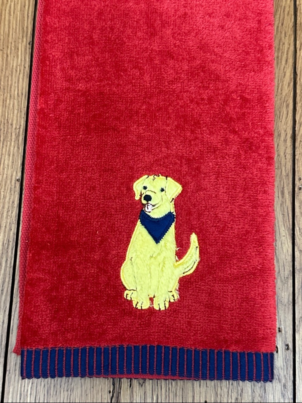 Dog Embroidered Red Hand Towel with Yellow Labrador Motif